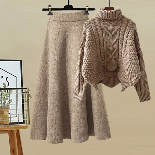 Autumn and Winter suit Women's 2024 New Design Sense High Neck Knitted Sweater Women's Covering Cross Slim Skirt Two-Piece Set