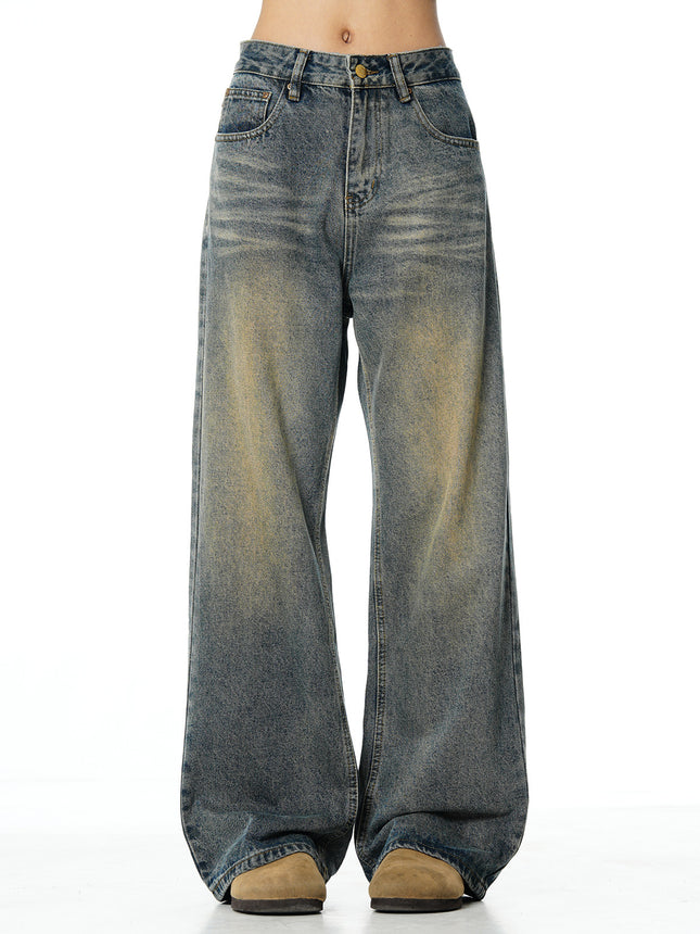 Niche worn-out vintage washed straight jeans men's autumn New loose all-match wide-leg mop pants
