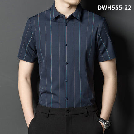 Summer New Vertical Striped Shirt for Men, Short-Sleeved Business Casual High-Elastic Seamless Shirt, Slim Fit Light Business