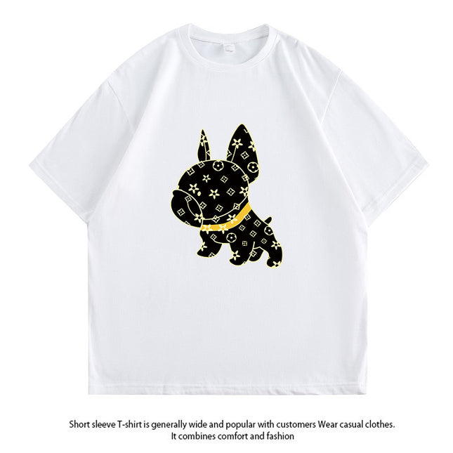 Pure Cotton 2024 Summer New High-End Cartoon Dog Print Pure Cotton Loose Short-Sleeved Casual Tops T-Shirts for Men and Women
