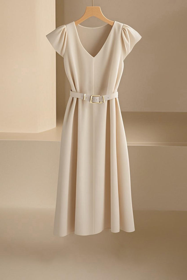 Amazon Spring and Summer New Skin-Friendly and Comfortable V-Neck Fashionable and Elegant Work Clothing Casual Pure Color Mid-Length Skirt & Without Belt