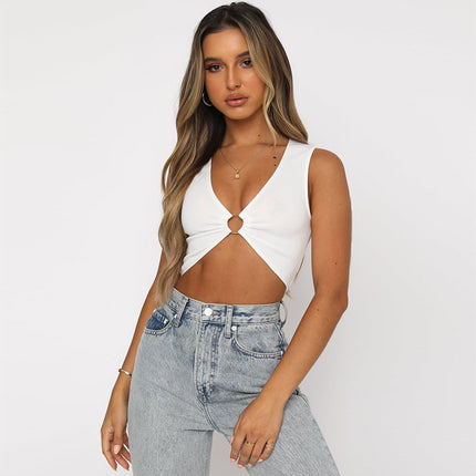 2022 summer Europe and the United States cross-border new women's sexy tight sleeveless top outskirt navel deep V babes small vest