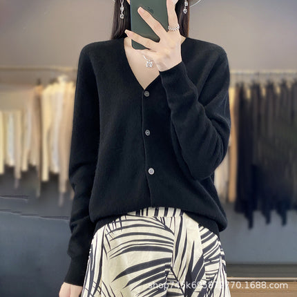 V-Neck Wool Knitwear for Women, Ready-Made Thin Autumn and Winter Work Clothing Slimming Look Elegant with 100% Wool Cardigan