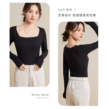 Women's Autumn and Winter Warm Tops with Built-In Bra Pads, Sexy Square Neck, Double-Sided Brushed Bra Integrated Base Layer Shirt