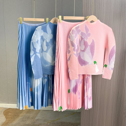 Early Autumn Pleated Fashion Stylish Design Printed High Neck Slim-Fit Stretch Long Sleeve Top Elastic Waist Skirt suit