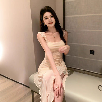 French-Style Petite Slip Dress with a Pure and Desirable Vibe, Summer Slim-Fit Sexy Slit Irregular Mid-Length Dress for Women