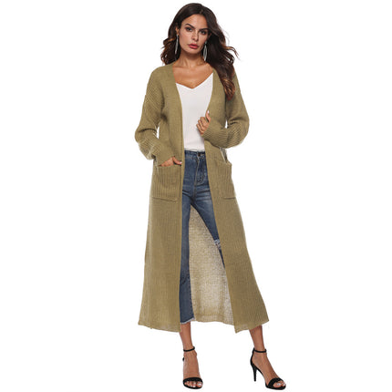 Mohair cardigan cross-border European and American wool cardigan autumn women's coat split large pocket thin coat long multicolor