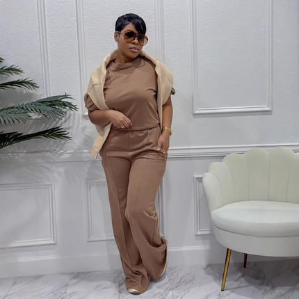 Tw658 Amazon Cross-Mirror European and American Fashion Casual Suit Elegant Commuter Short-Sleeved Top Wide-Leg Two-Piece Set