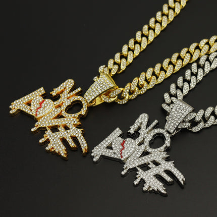 European and American hip-hop style full diamond stitching letter love pendant clavicle chain heartbroken letter NOLOVE Cuban tide necklace
