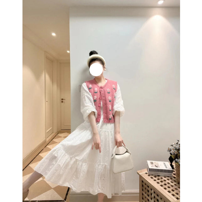 Spring 2023 New Loose Korean Style Sleeveless Knitted Pink Small Flower Sweater Vest White dress suit
