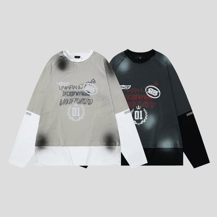# OVDY 260g blockbuster new spray-painted fake two-piece jacket neckline shoulder stitching burr long sleeve T-shirt national tide