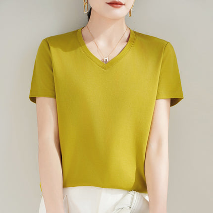 100 mercerized cotton short-sleeved T-shirt women's 2025 summer new V-neck cotton pullover vest cool feeling ice silk base