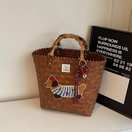 Hand-Held Vegetable Basket, Dachshund Dog Retro Woven Bag, Rattan Commuting Holiday Style Large-Capacity Beach Bag, Bamboo Hand Carry