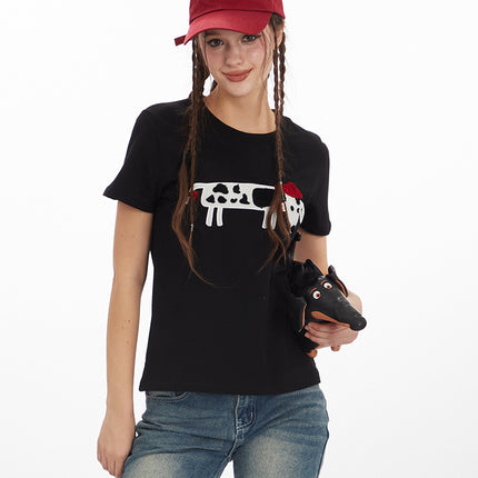 HeyHenry 2025 European and American towel letter embroidery cotton casual T-shirt women's short sleeve versatile round neck top