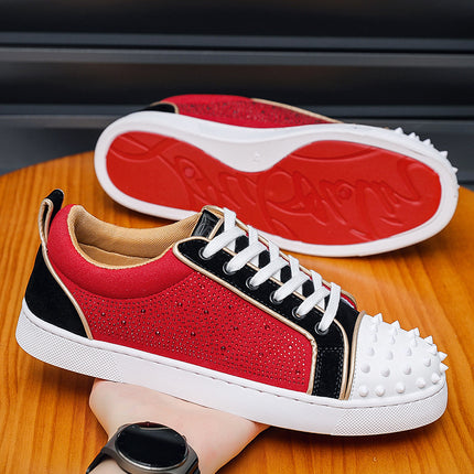 Men's Cl Red-Soled Casual Shoes with Cross-Border Rivets and Rhinestones, Nightclub Internet Celebrity Men's Shoes, Color-Blocking Hip-Hop Sneakers