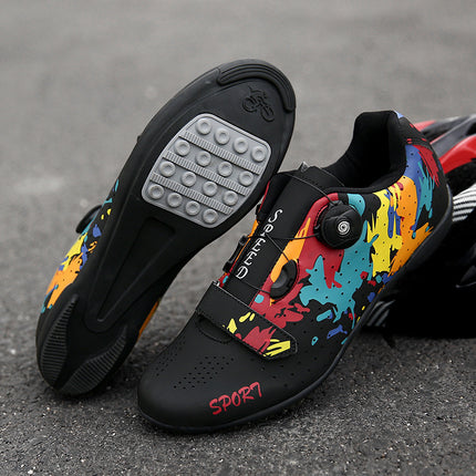 Mountain Bike Lockless Cycling Shoes for Men and Women, Graffiti Road Bike Lock Shoes, Hard-Soled Dynamic Cycling Shoes, Professional Bicycle Shoes