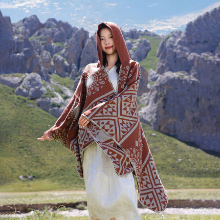 Ethnic Style Hooded Cape Shawl for Women, Fashionable and Stylish Thickened Version, Warm Outerwear for Travel and Photography Scarf