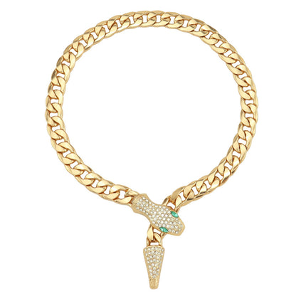 Ins Style Light Luxury Short Diamond-encrusted Green Eyes Snake Head Adjustable Magnetic Buckle Fragmented Bone Chain Necklace Distinctive Design Necklace