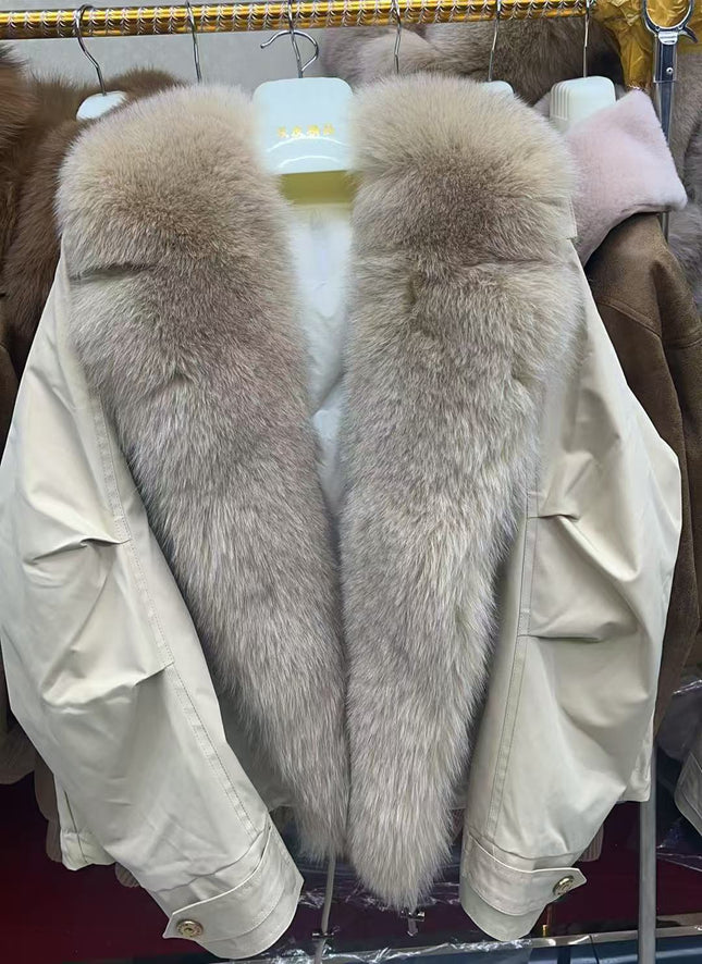 Detachable Real Fox Fur Collar Thickened down Lining Sweet Cool Parka down Jacket Women's Workwear Casual Fur Coat