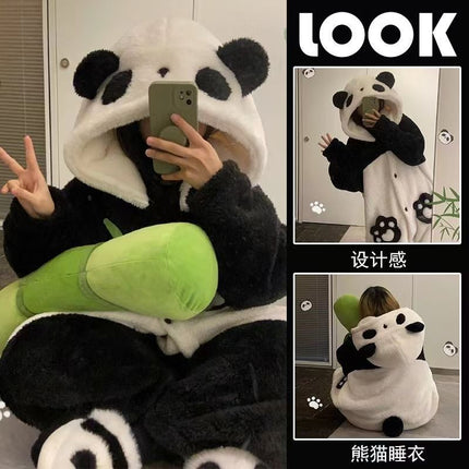 Panda Pajamas for Women, Autumn and Winter Coral Fleece Cartoon Couple Bathrobe, Long Home Wear, Thickened and Warm