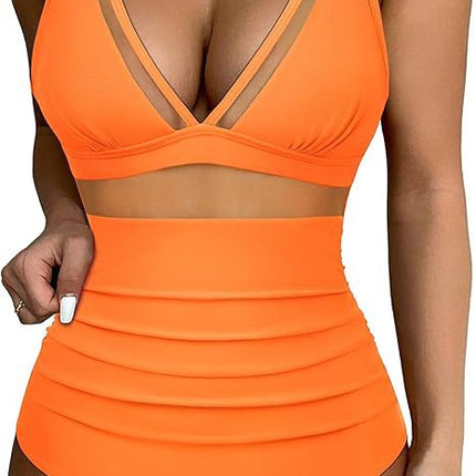 European and American Cross-border Explosions Women's Sexy Hollow Mesh Deep V Gather Perspective Bikini Bikini