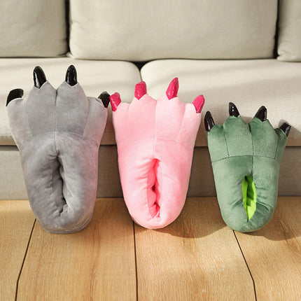 Cartoon warm thickened paw plush home cotton slippers parent-child couple dinosaur paw indoor floor bag heel shoes
