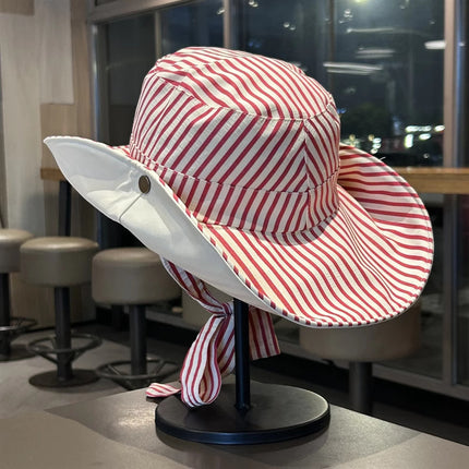 Korean Style Striped Fisherman Hat for Women, Summer Wide-Brim Sun Protection Webbing Fashion Sun Hat for Outdoor Hiking Camping Mountaineering