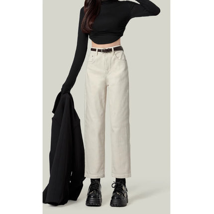 High Waist White Jeans Women's Straight Pants 2025 Spring New All-Match Slimming Cropped Pipe Pants for Small Men