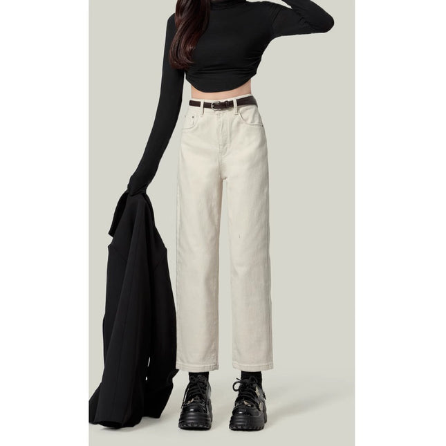 High Waist White Jeans Women's Straight Pants 2025 Spring New All-Match Slimming Cropped Pipe Pants for Small Men