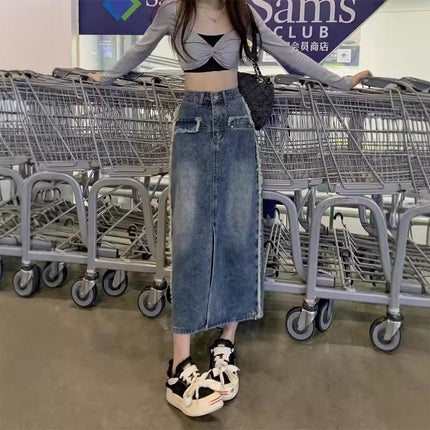 Autumn Korean High-waisted Denim Skirt for Women 2024 New Pear-shaped Figure Mid-length Cover-up A-line Skirt