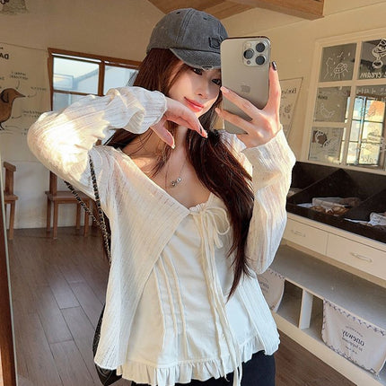 Real Shot of Sun Protection Clothing Long-Sleeved T-Shirt 2025 Summer Short Pure Color Cardigan Jacket Cut Out Lace-Up V Neck Top Women's Clothing