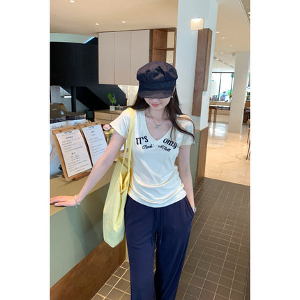 Affordable Women's Style Letter Printed V Neck Right Shoulder Short-Sleeved T-Shirt for Women 2025 Summer New Pure Pinch Waist Sexy Top