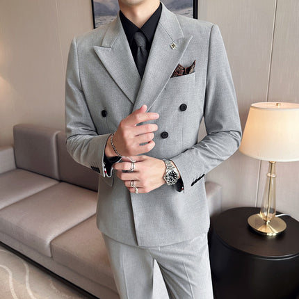 Live Supply of High-Quality, Stylish Double-Breasted Men's Suit Sets from Douyin and Kuaishou Influencers, Three-Piece Suit Set