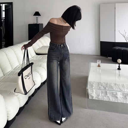 Retro washed Street versatile jeans women's spring and autumn slimming design sense niche micro horn mopping pants