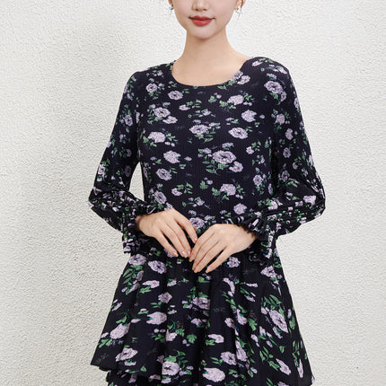 Black Crewneck Long Sleeve Floral Waist French Long Dress 2024 Autumn and Winter New Pleated Printed Cake Dress dress