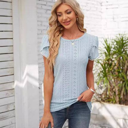 Amazon Independent Station European and American Foreign Trade Cross-border Women's Summer Short-sleeved T-shirt Needle-eye Crewneck Petal Sleeve Top