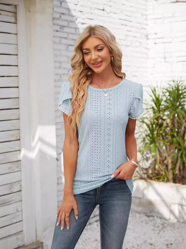 Amazon Independent Station European and American Foreign Trade Cross-border Women's Summer Short-sleeved T-shirt Needle-eye Crewneck Petal Sleeve Top