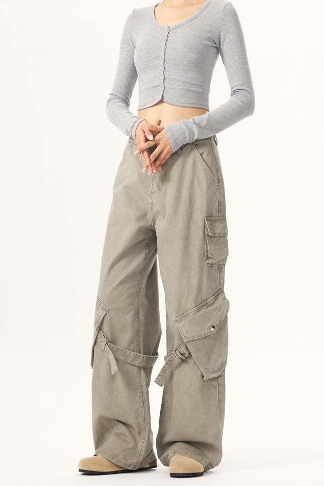 JIAMU Autumn and Winter American Style High Street Vintage Unisex Multi-Pocket Casual Overalls vintage Men's and Women's Loose Wide Legs