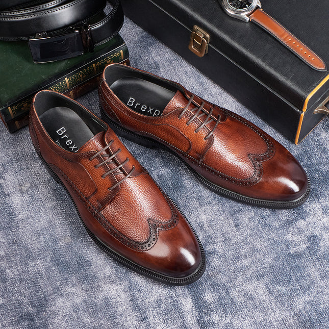 Men's Formal Business Leather Shoes, Genuine Leather Derby Shoes, Brogue Carved Shoes for Office, Wedding, and Banquet Occasions, Cross-Border