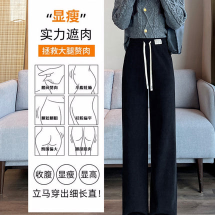 European velvet narrow fleece-lined wide-leg pants women's autumn and winter 2023 mopping casual thickened high slimming straight pants