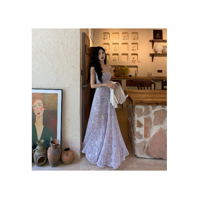 French Purple Floral Suspender Dress for Women in Summer, Chic and Good-Looking, Beach Photo Taking, Vacation Style Beach Mid-Length Skirt