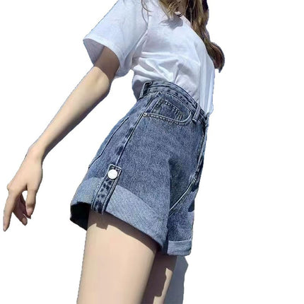 Personalized Versatile Curled Denim Shorts for Women Summer 2025 Pear-Shaped Figure High-Waisted Loose Slimming Thin Wide-Leg Shorts