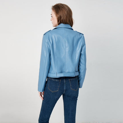 Cross-Border 2026 New European and American Style Motorcycle Diagonal Leather Jacket, Spring and Autumn Women's Short Slim-Fit Leather Coat