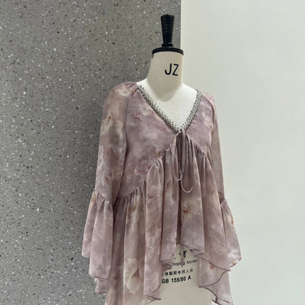 Dirin Ambient V-Neck Nail Drill Lazy Draped Slimming Trumpet Sleeve Chiffon Shirt Women's Holiday Floral Short Top