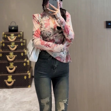 Korean Style Asymmetrical Cross-Waist V Neck Floral Shirt for Women Spring and Autum New Slim Slim Short Top Ins