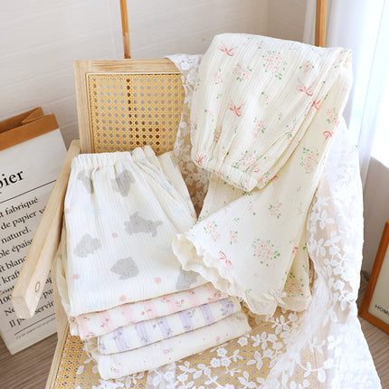 Spring and Summer Pajama Pants Women's Cotton Double-layer Gauze Loose Pants Floral Thin Lace Casual Outwear Home Pants
