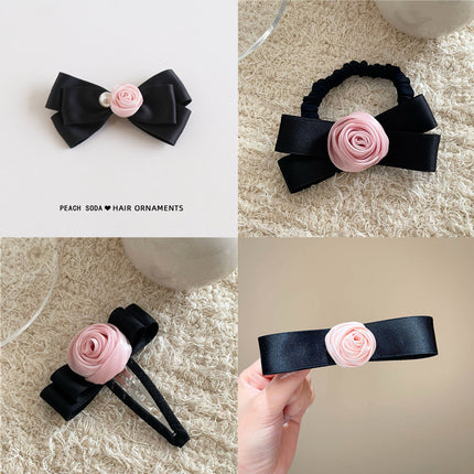 French pink rose flower bow hairpin women's back spring clip elegant hair rope Internet celebrity duckbill clip