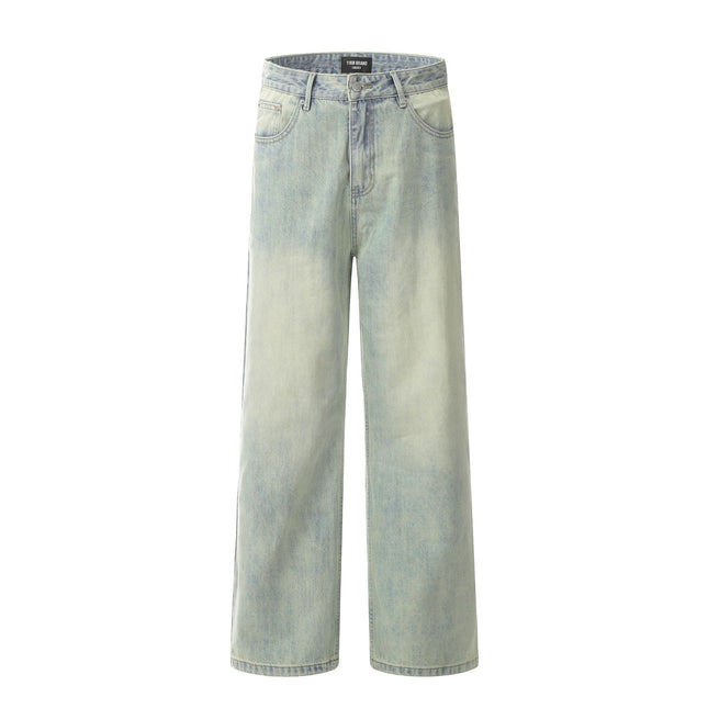11Kn American Clear Water Blue Jeans for Men and Women Straight-Leg Distressed Retro Light-Colored Stereo Slim Casual Loose Pants
