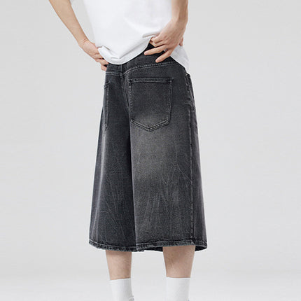 LKTM Men's# American High Street Washed Design Lightning Pattern Denim Shorts Men's and Women's Loose Wide Leg Cropped Pants