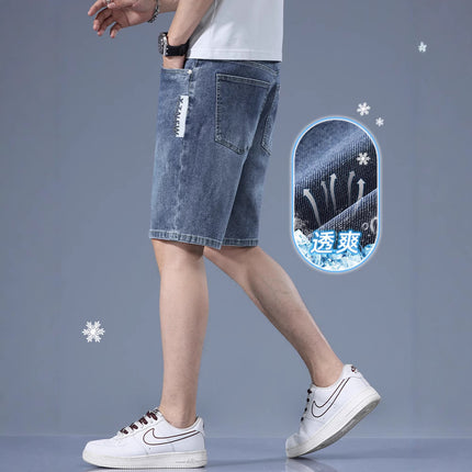 Denim Shorts Men's Summer Ultra-thin Five-point Pants Stretch Trendy Brand Loose Straight Middle Pants Men's 2025 New Arrival